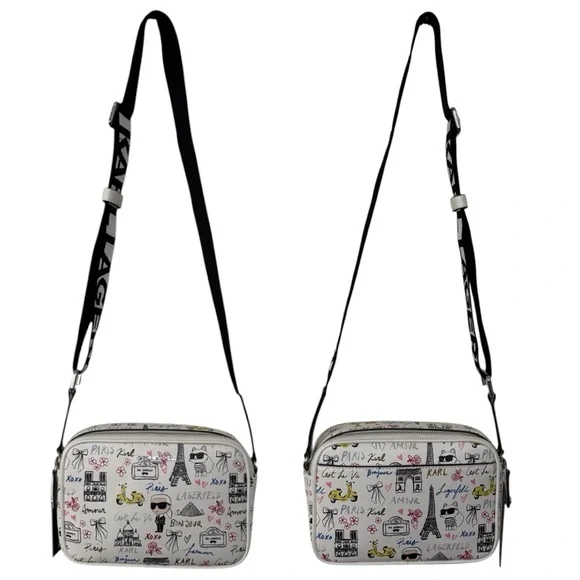 Karl Lagerfeld Paris Crossbody Bag Paris Print Cream Logo Strap Adjustable NWT - Picture 8 of 14